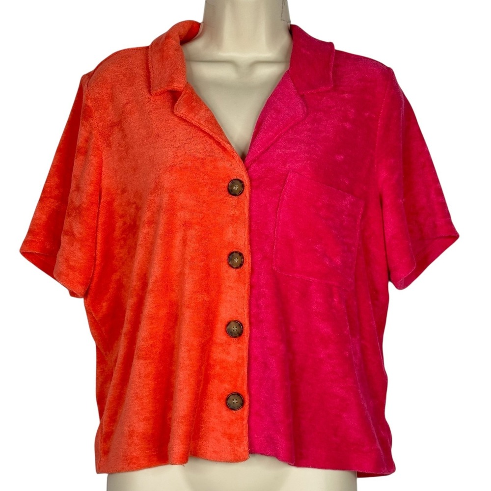 Marine Layer Shirt‎ Womens Terry Button Up Pocket Top Colorblock Casual